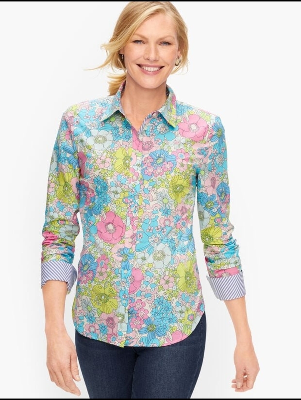 Talbots Retro 60s Floral Button Down Long Sleeve Top Sp